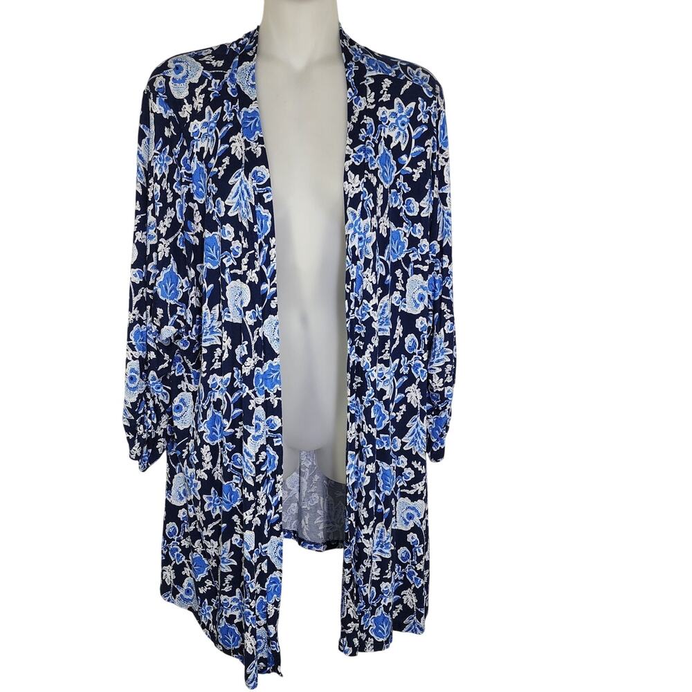 Lane Bryant Women's Cardigan 22/24 Blue 3/4 Ruched Sleeves Open Overpiece Floral